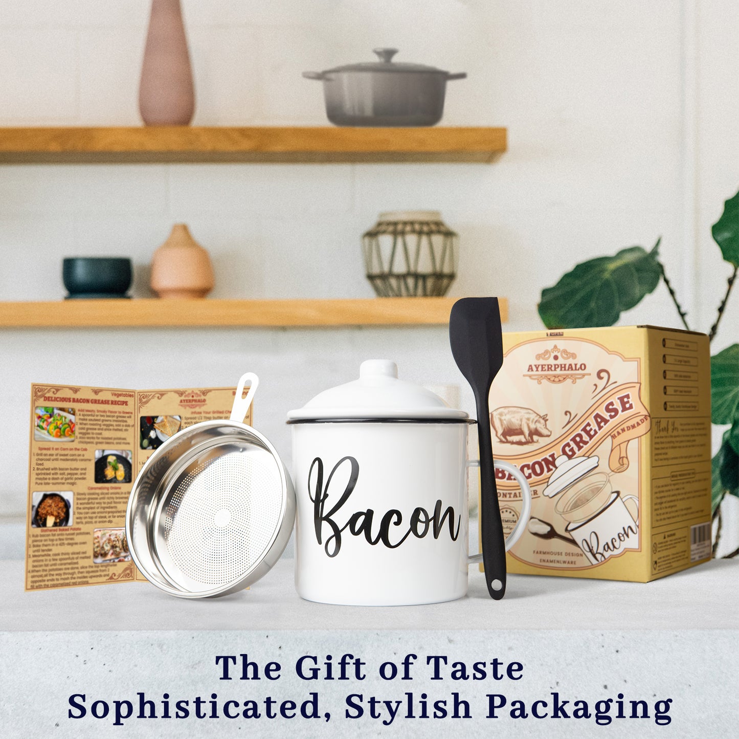 Bacon Grease Container with Strainer - With Food-Grade Silicone Spatula , 46oz Large Enamel Rustic Farmhouse Fat Container