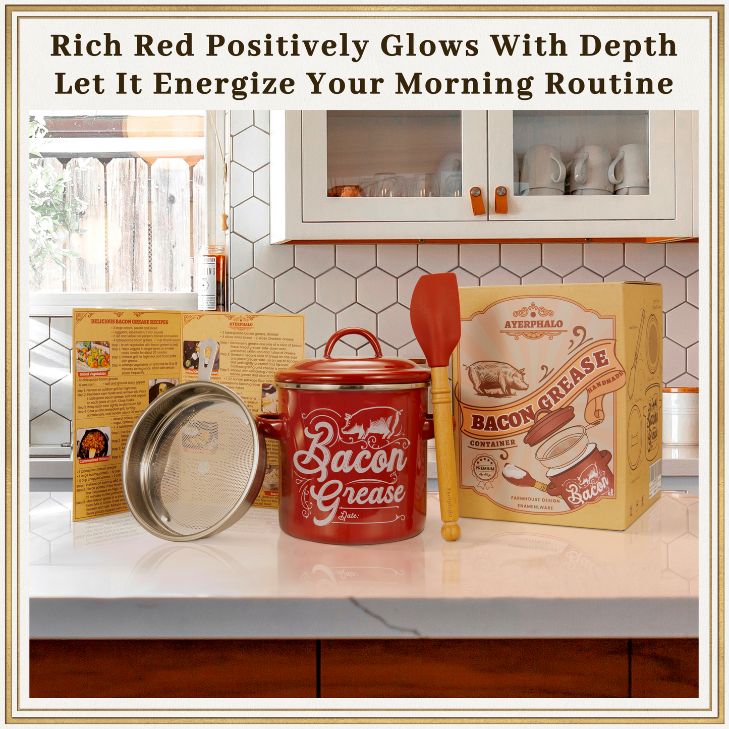 Bacon Grease Container with Strainer - 46OZ Large Capacity, With Silicone Wooden Spatula