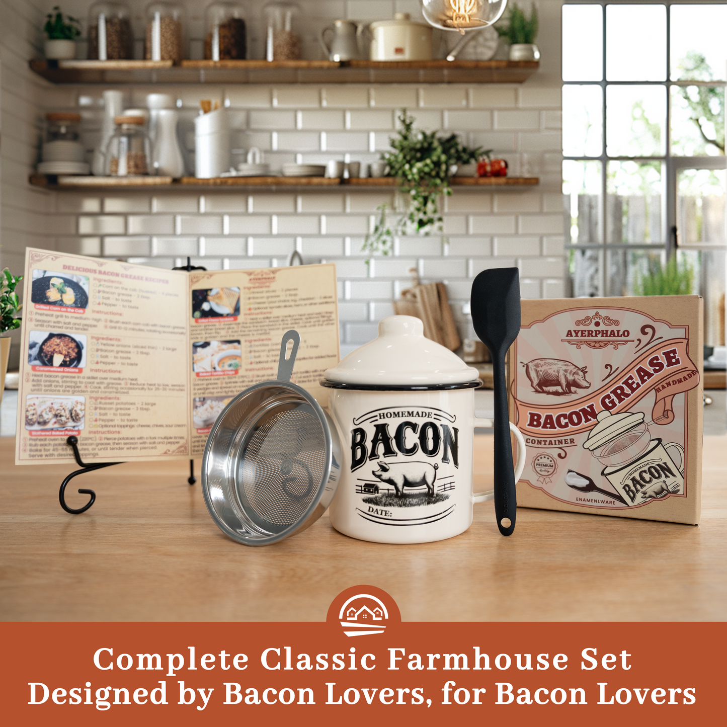 Bacon Grease Container with Strainer - With Food-Grade Silicone Spatula, 24oz Enamel Rustic Farmhouse Fat Container, Keeper, Recipes, Dishwasher Safe