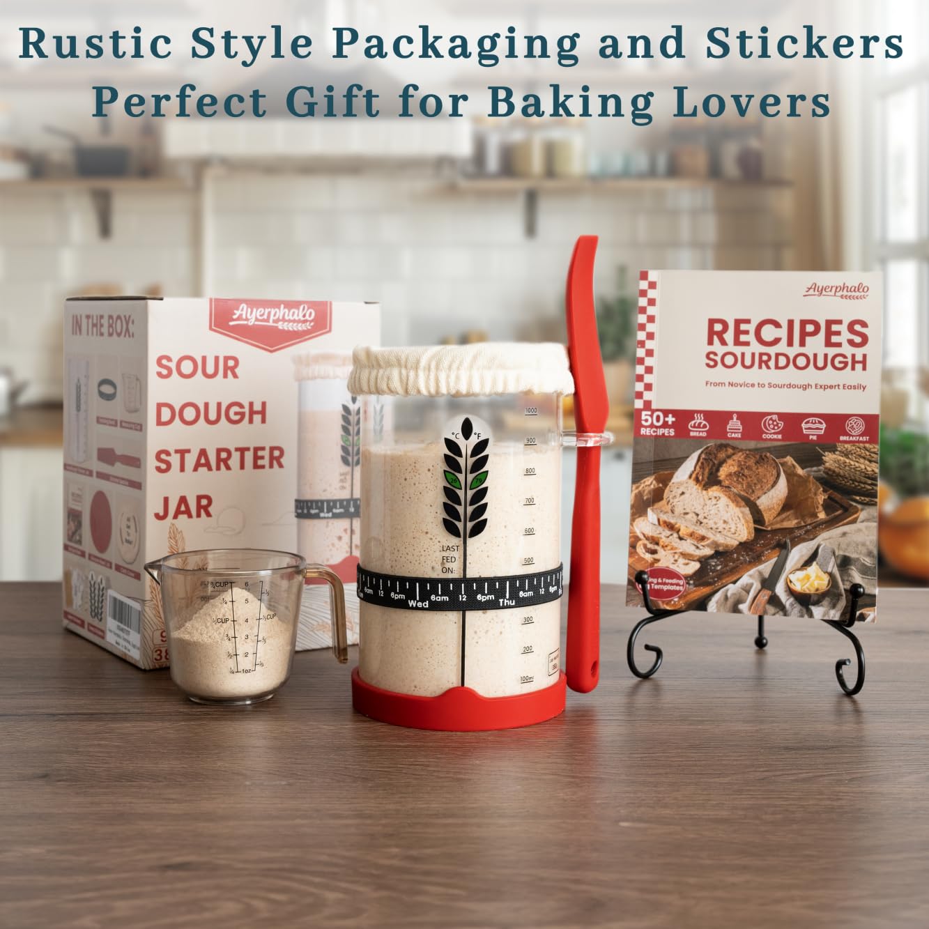 Sourdough Starter Kit - 38oz, with Cookbook, Measuring Cup, Spatula, Wide Mouth Jar Cover,Date Marked Feeding Band